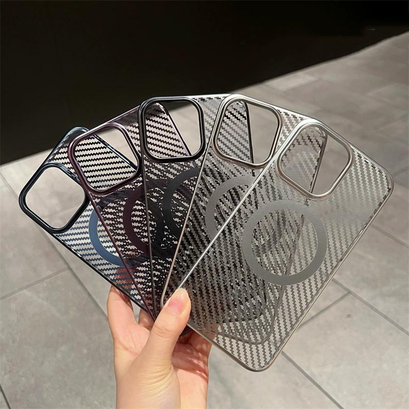 Luxury Plating Carbon Fiber Texture Wireless Charge Magnetic Case for iPhone 15 14 Plus 13 12 Pro Max Ultra Thin Magsafe Cover