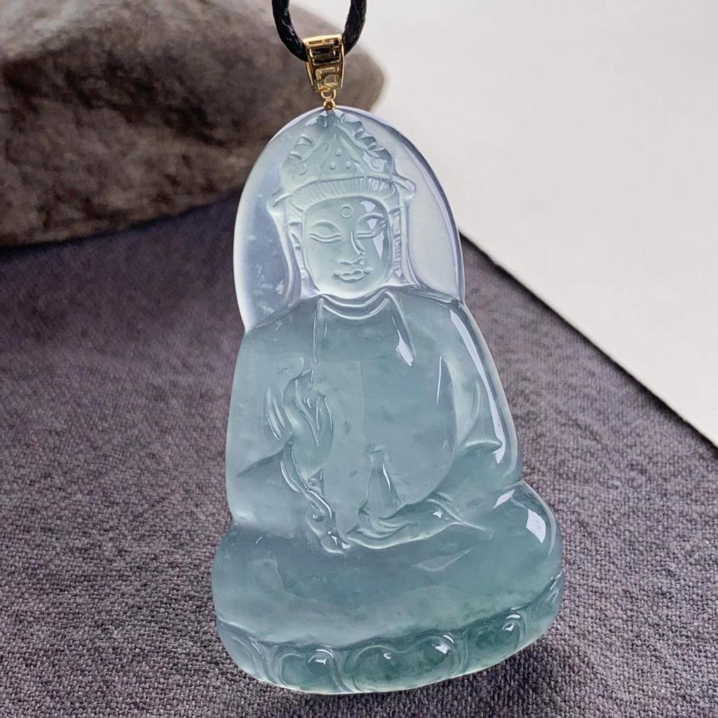 Natural A-Grade Ice Blue Jade Guanyin with 18K Gold-Inlaid 925 Silver and Pavé Rhinestones.