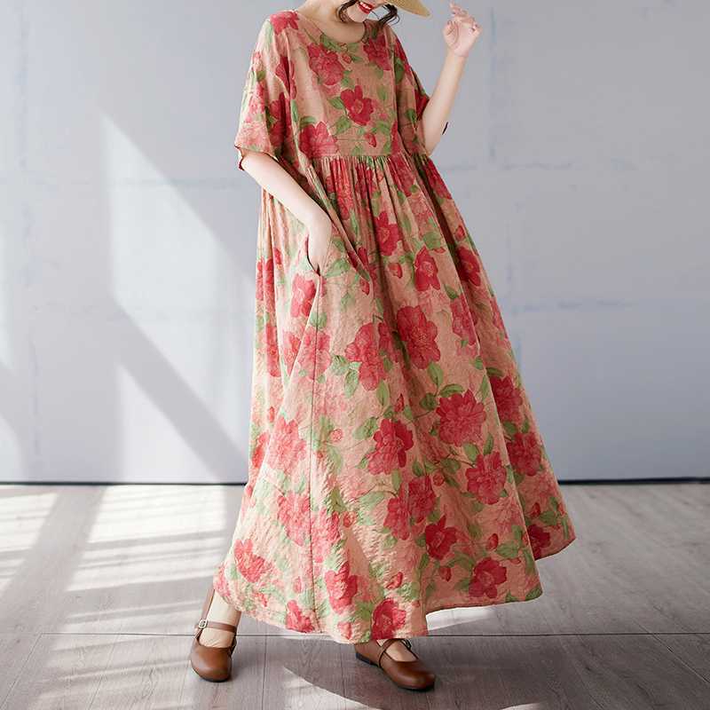 Simple and Fashionable Long Skirt Summer Short Sleeved Round Neck Printed Dress