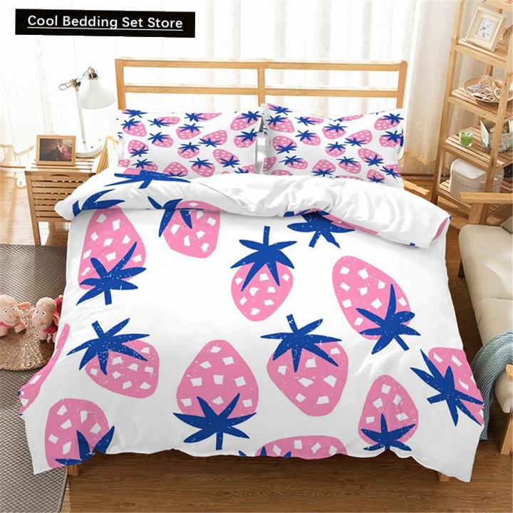 Red Strawberry Cute Bedding Set 3D Pink Lovely Summer Fruit Duvet Cover King Queen For Kids Girls 2/3Pcs Polyester Quilt Cover