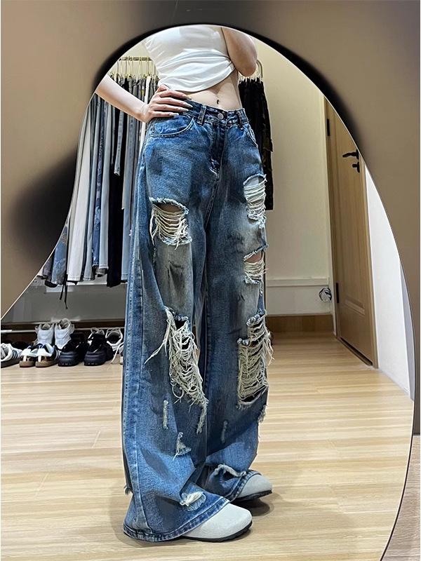 Women's Retro Distressed Loose Straight Ripped Jeans
