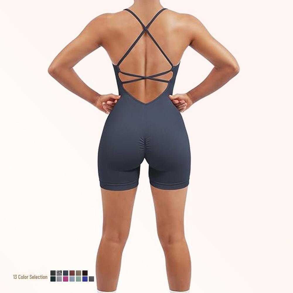 Nahtloser Yoga-Anzug mit Brustpolster - Damen Einteiler Fitness-Shorts & Schönes Rückendesign