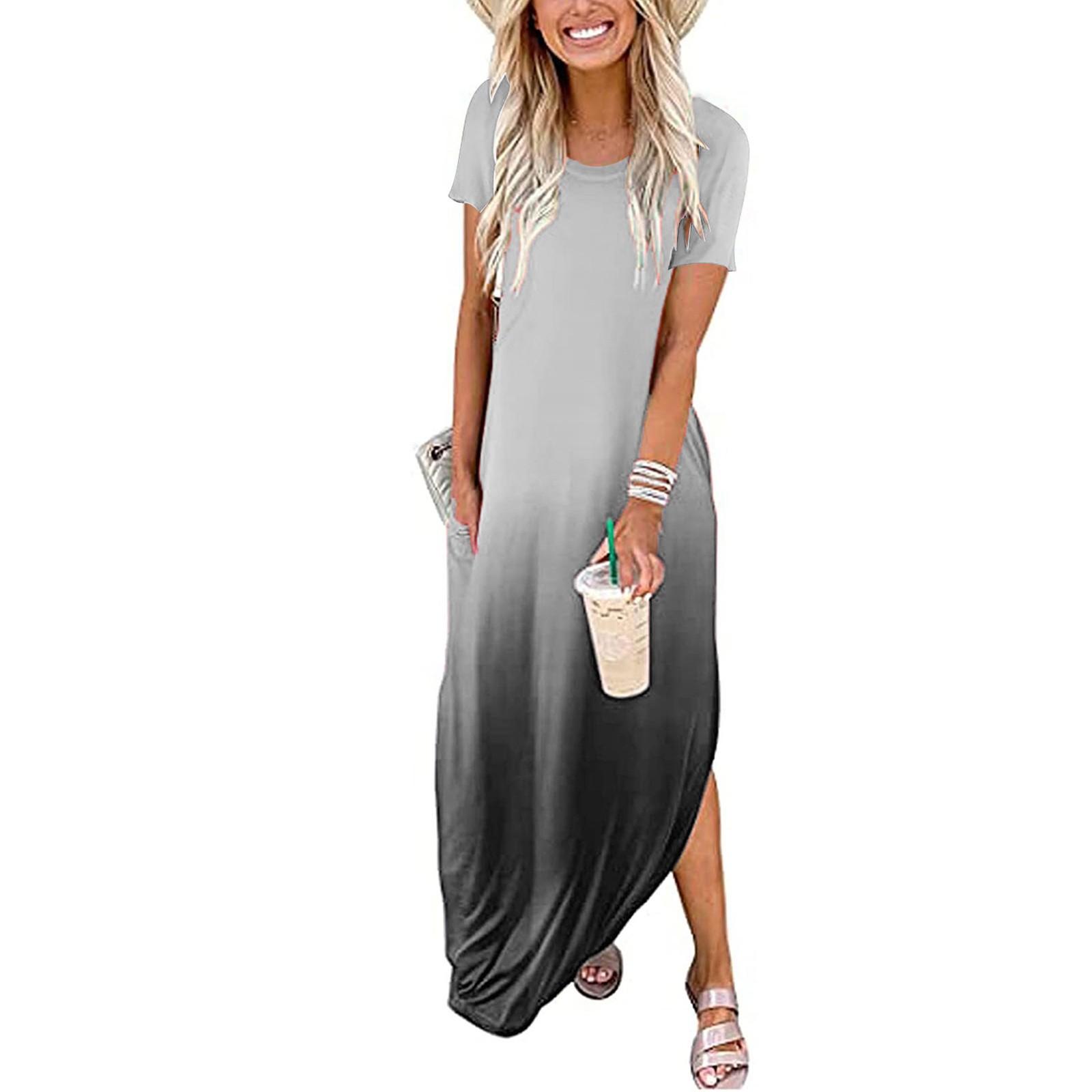 

Женское повседневное платье с градиентом цвета и карманом, длинное платье с короткими рукавами, макси-платья с разрезом L