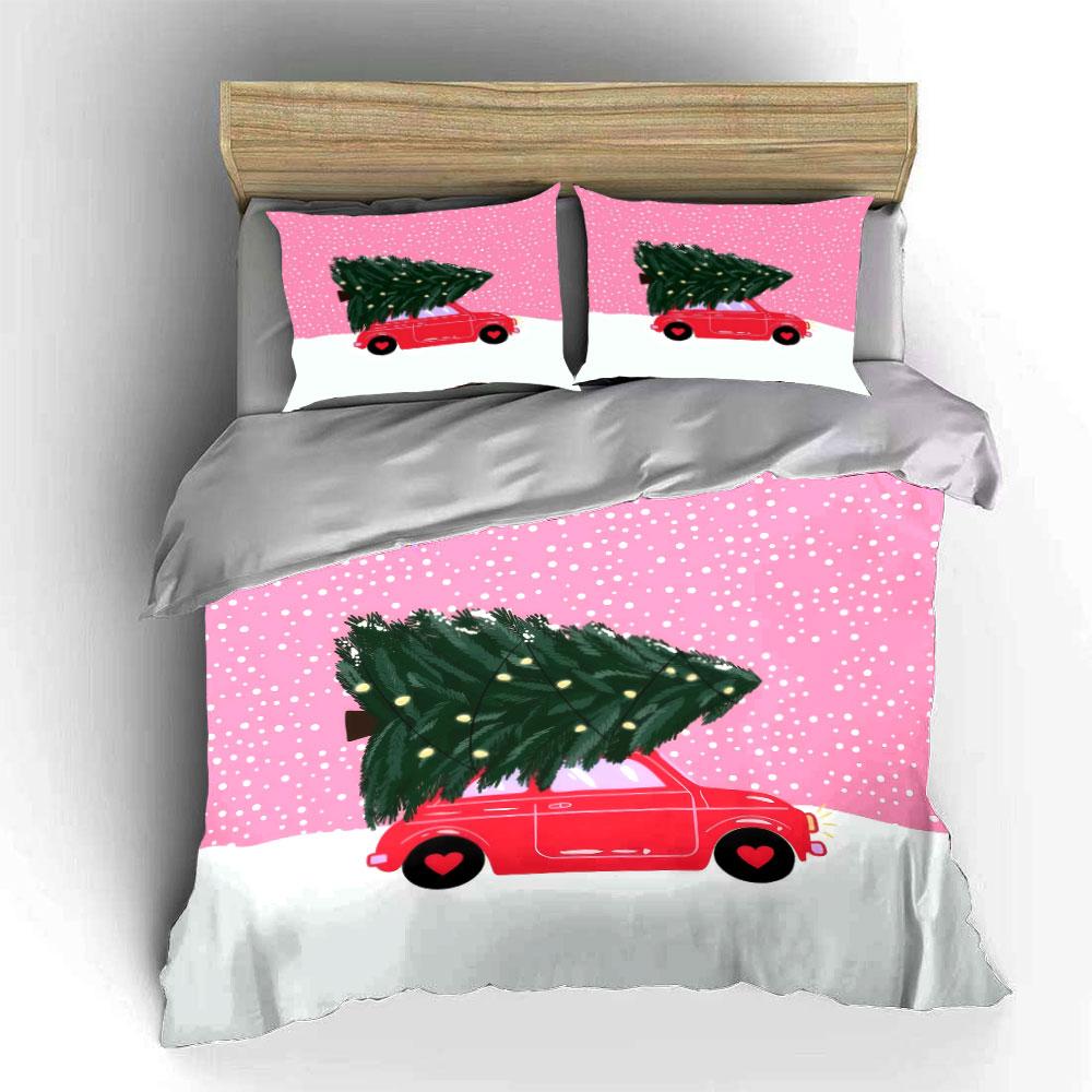 Red Car with Christmas Tree Bedding Duvet Cover Set (1*Duvet Cover 2*Pillowcases, without duvet insert)