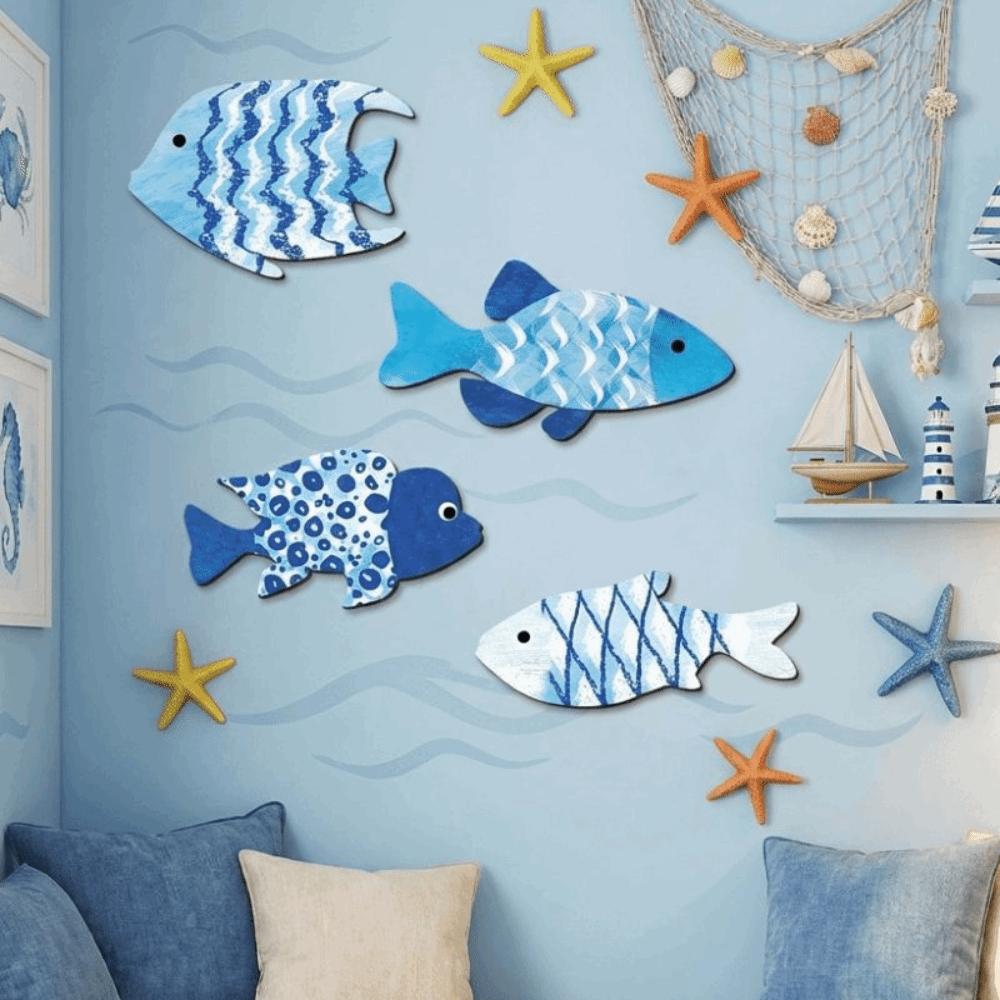 Houten Vissen Muurdecoratie Oceaan Thema Mariene Stijl Nautische Muurkunst Woonkamer Decoratie
