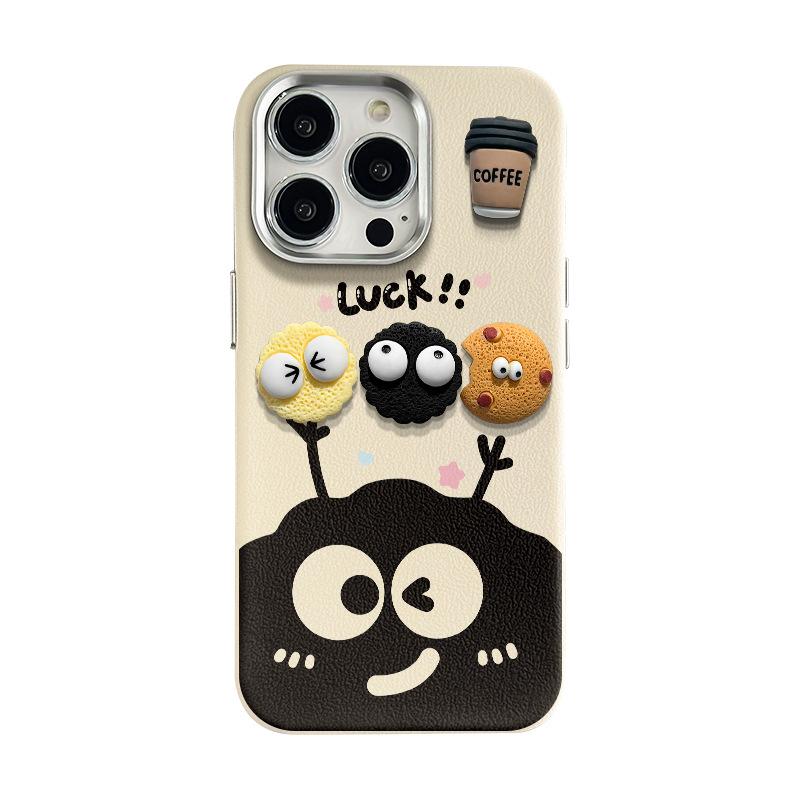 Coffee Briquette Three-dimensional Doll Suitable for Apple 16PRO Mobile Phone Case 15plus Metal Leather Pattern 14 High-end Sense 13