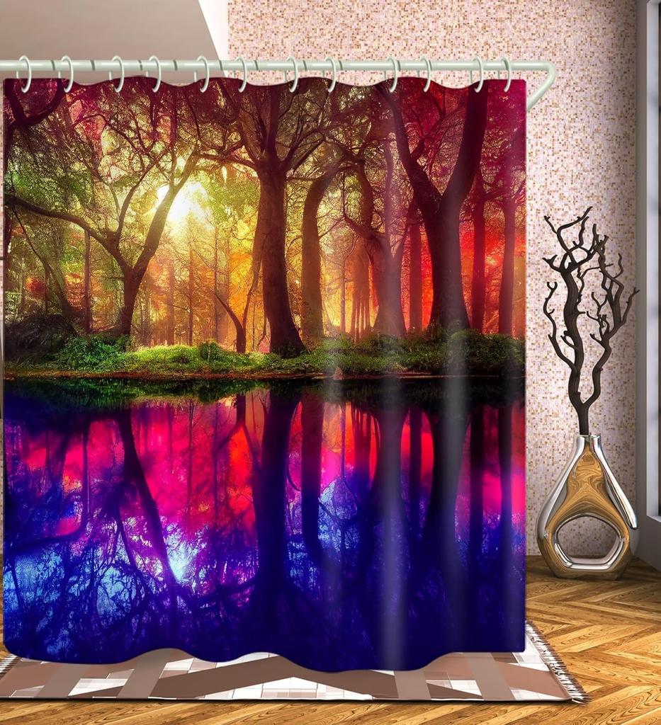 Łazienkowe Kolorowe Dekoracyjne Zasłony Prysznicowe z Motywem Leśnego Snu 3D, Tkaninowa Zasłona Prysznicowa z 12 Haczykami, Zasłony Prysznicowe do Wanny