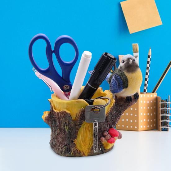 Simulated Bird Pen Holder Resin Stump Bird Stationery Pencil Stand