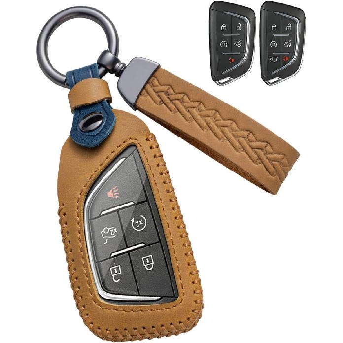 for Cadillac Key Fob Cover Leather Car Key Case keychain Smart Key Fob Holder Compatible for -2024 Cadillac Escalade CT5 CT6 XT4 XT5 C8 Corvette