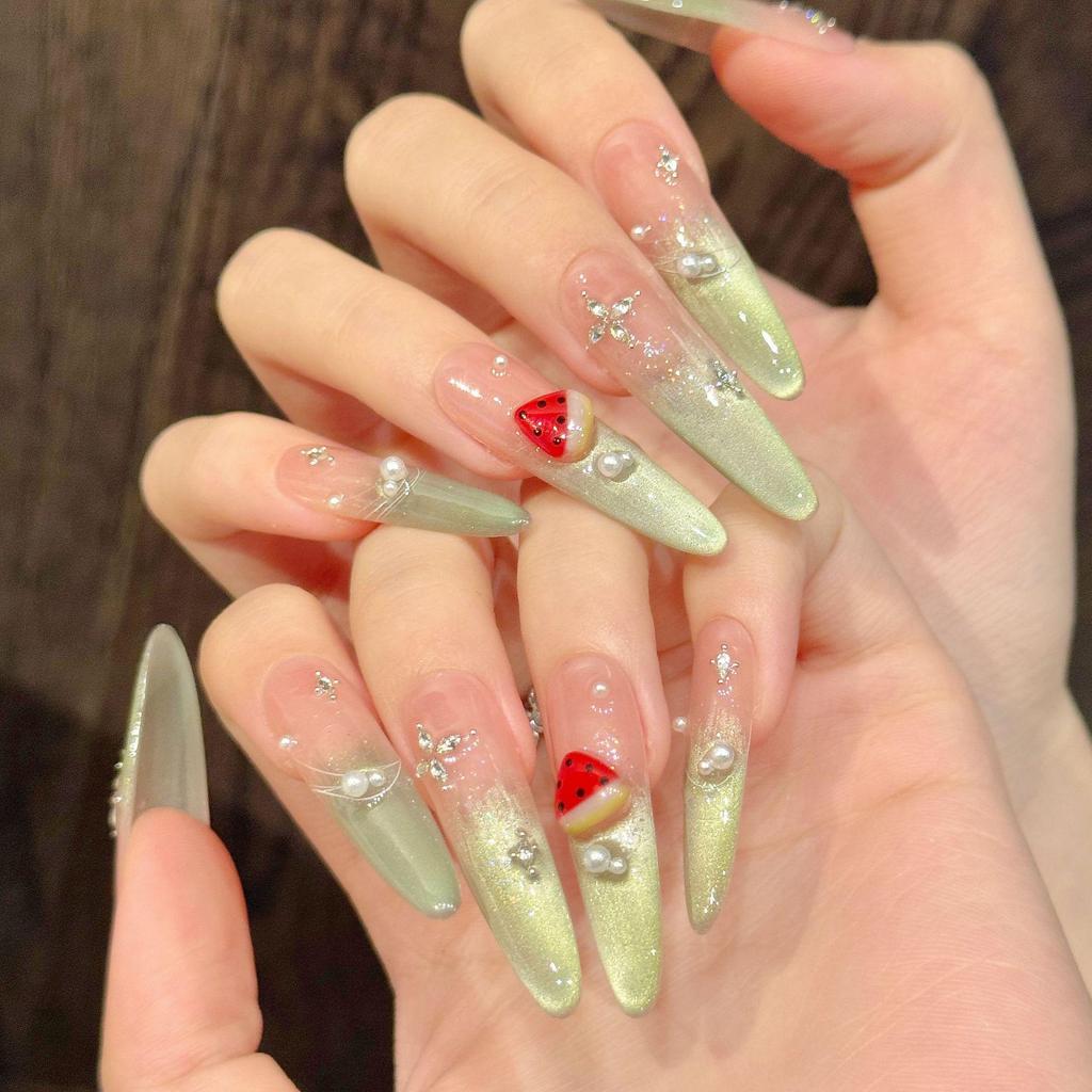 Yihe Original Ice Watermelon Zircon-Inlaid Gradient Blush Nails