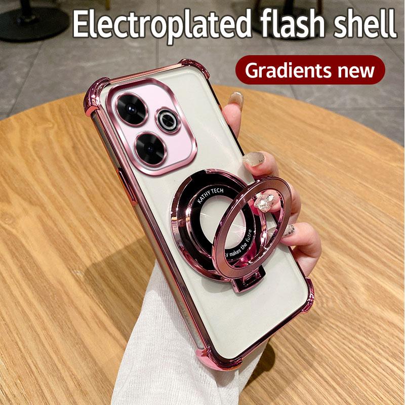 For Xiaomi Poco M6 Case Xiaomi Poco M6 Cover Luxury Plating Shockproof Magnetic Bracket Magsafe Clear With Holder Stand