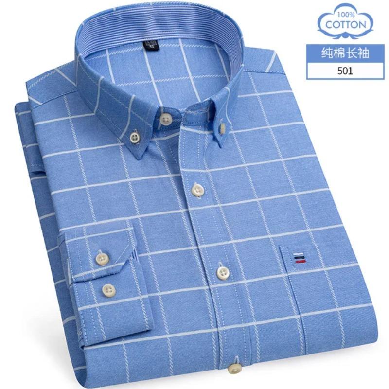New S-7XLCotton Oxford Shirt For Mens Long Sleeve Plaid Striped Casual Shirts Male Pocket Regular-Fit Button-Down Work Man Shirt