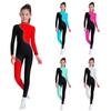 Kids Gymnastics Bodysuit Shiny Rhinestones Color Block Mock Neck Long Sleeve with Back Zipper