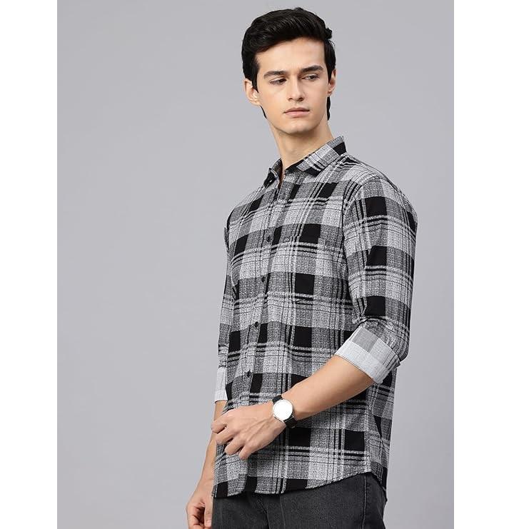 Man's Stylish Slim Fit Cotton Spread Collar Checked Casual Shirt - White & Black