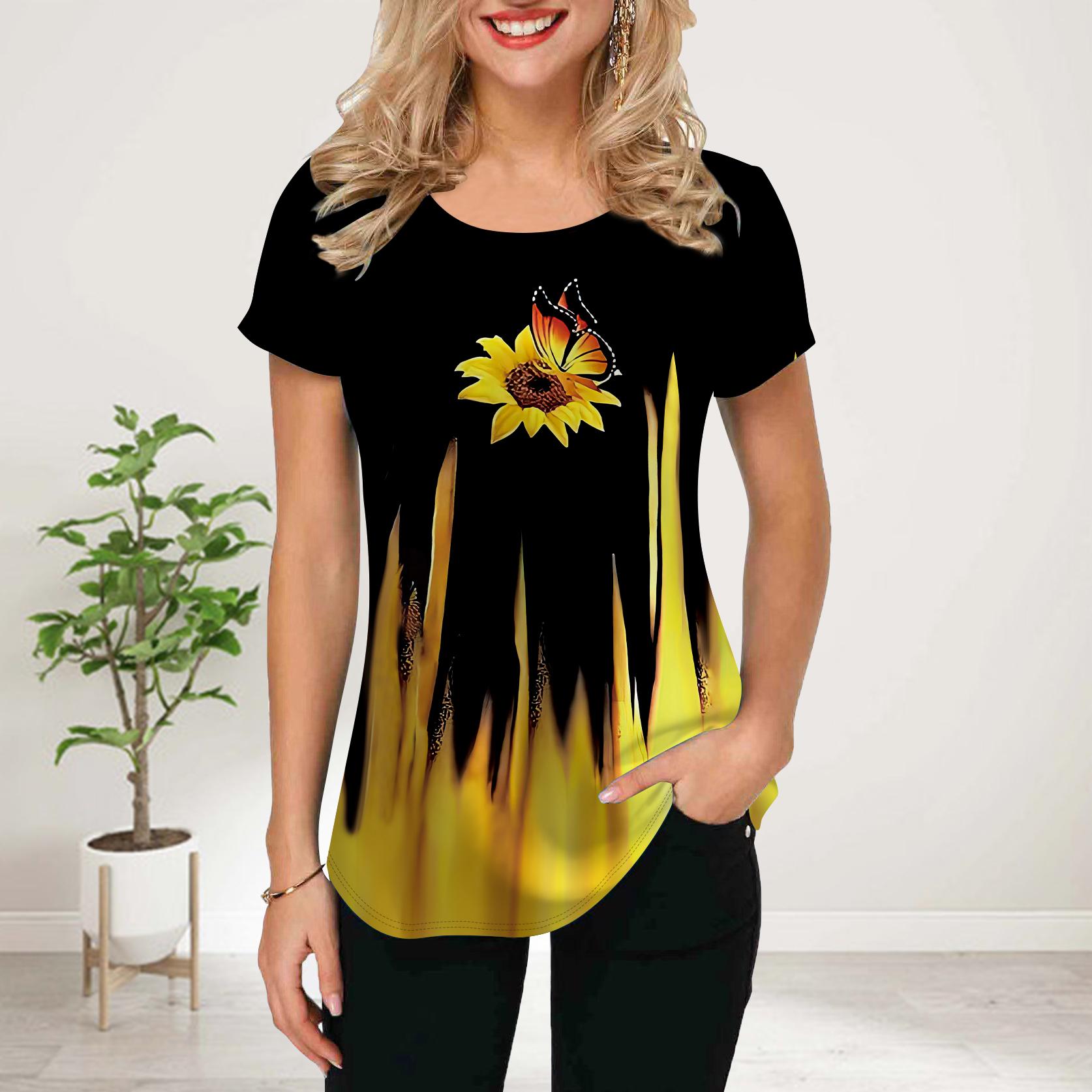 

Женская летняя футболка с принтом бабочки и подсолнуха, футболки с коротким рукавом, повседневные топы с принтом 8XL жёлтый