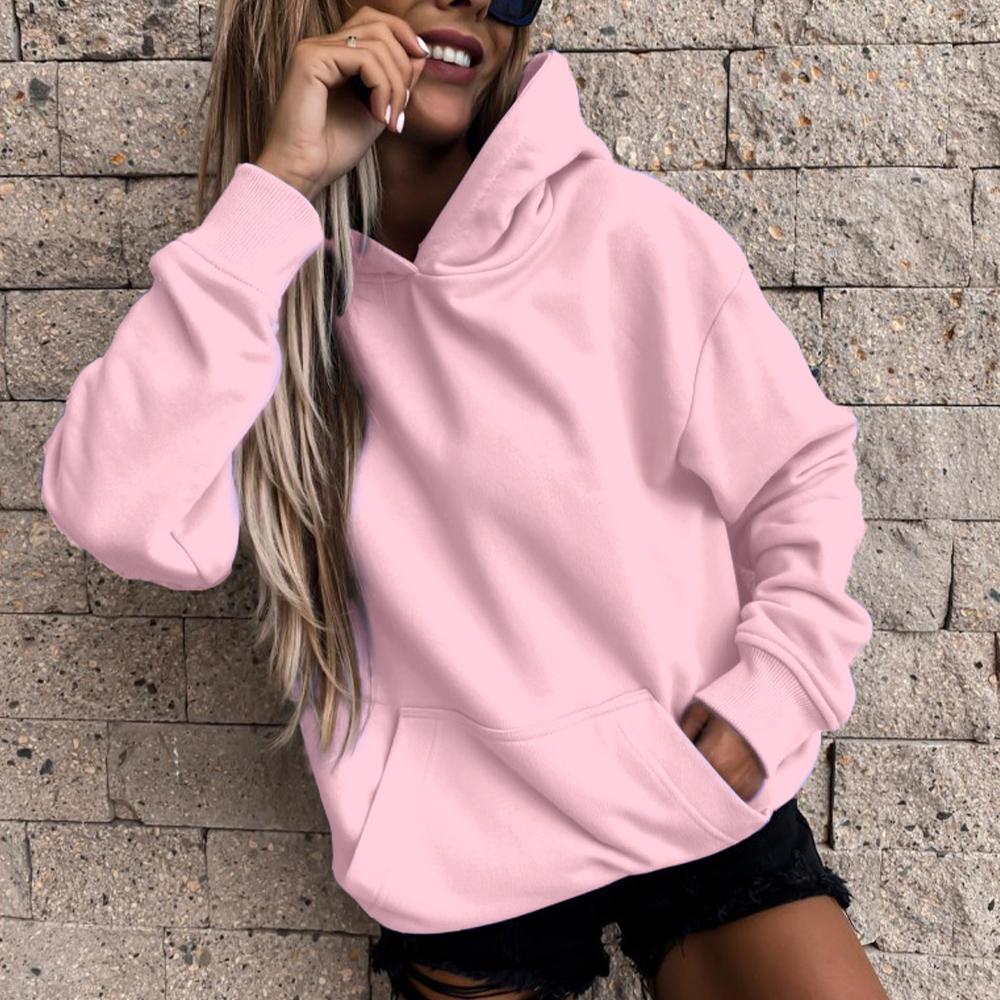 

Женский топ с длинными рукавами, однотонный пуловер, толстовка с капюшоном XL розовый