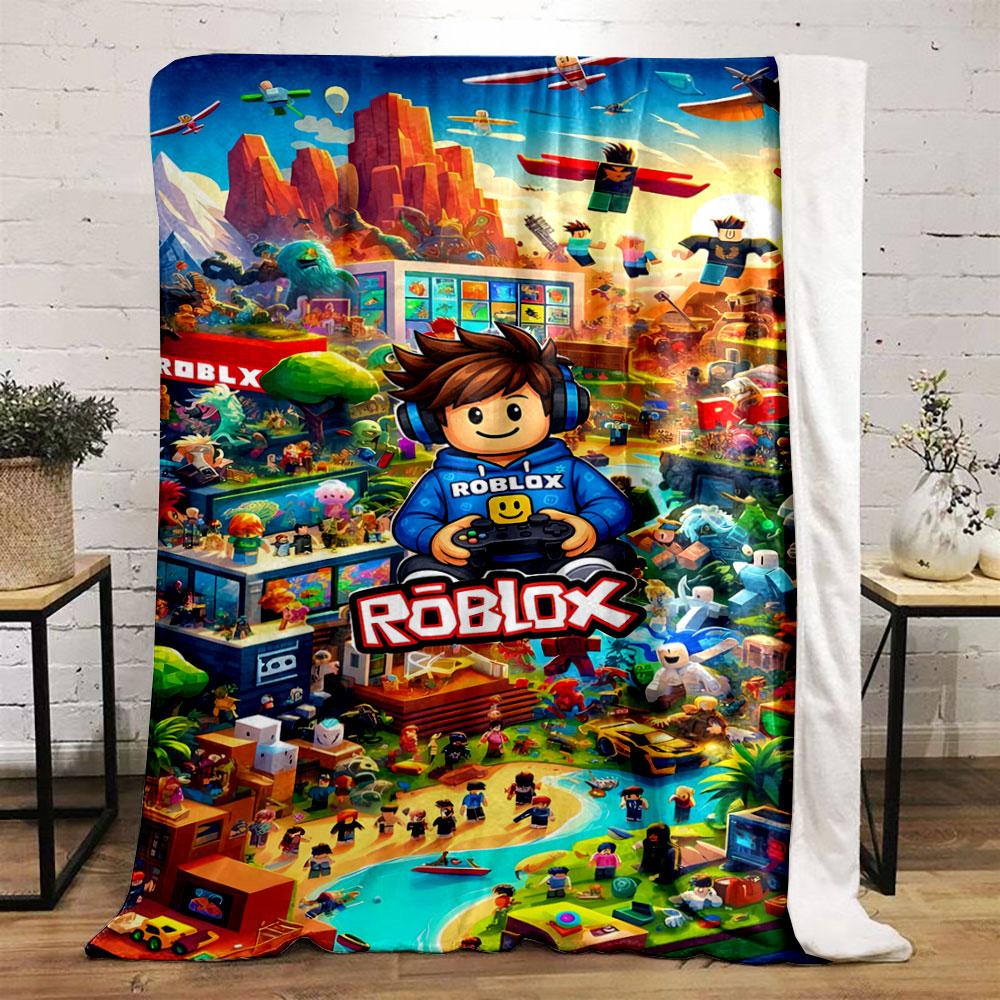 Mondo colorato a tema Roblox con personaggi, edifici, veicoli e paesaggi. coperta per tutte le stagioni coperta per pausa pranzo regalo