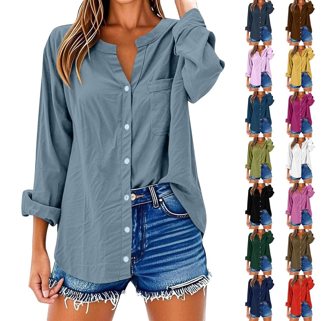 Women's Fashion Casual Solid Color T-Shirt Cotton Linen Long Sleeve Cardigan Loose Top