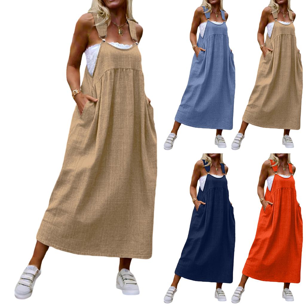 Women Sleeveless Solid Color Pinafore Dress Long Casual Loose Fit Adjustable Strap Maxi Dress with Pockets