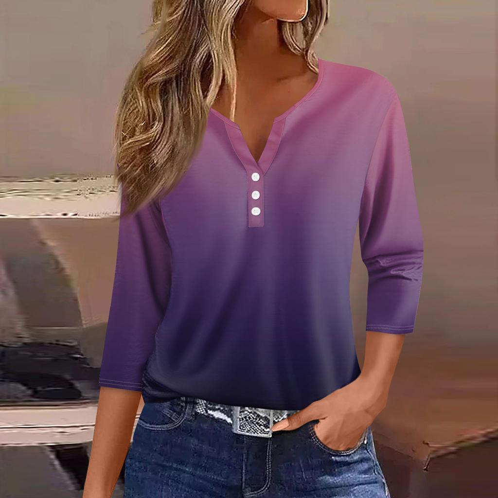 Women's Fashion Casual Printed V-Neck Seven Sleeve Button Down T-Shirt Top