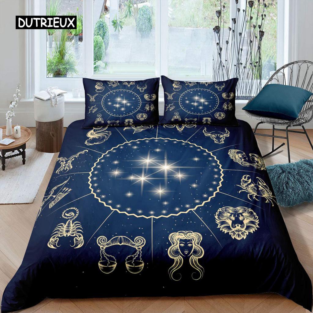 Constellation Duvet Cover Set Golden Pattern Comforter Cover Zodiac Signs Starry Sky Animal Queen Size Quilt Cover for Boy Men