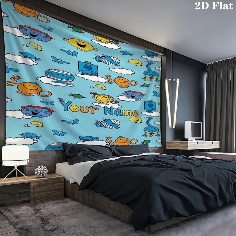 Mr. Men Little Miss Custom Name Wall Tapestry Aesthetic Wall Hanging Printed Fabric Blanket Decorative Tapestries for Bedroom Living Room Home Decor