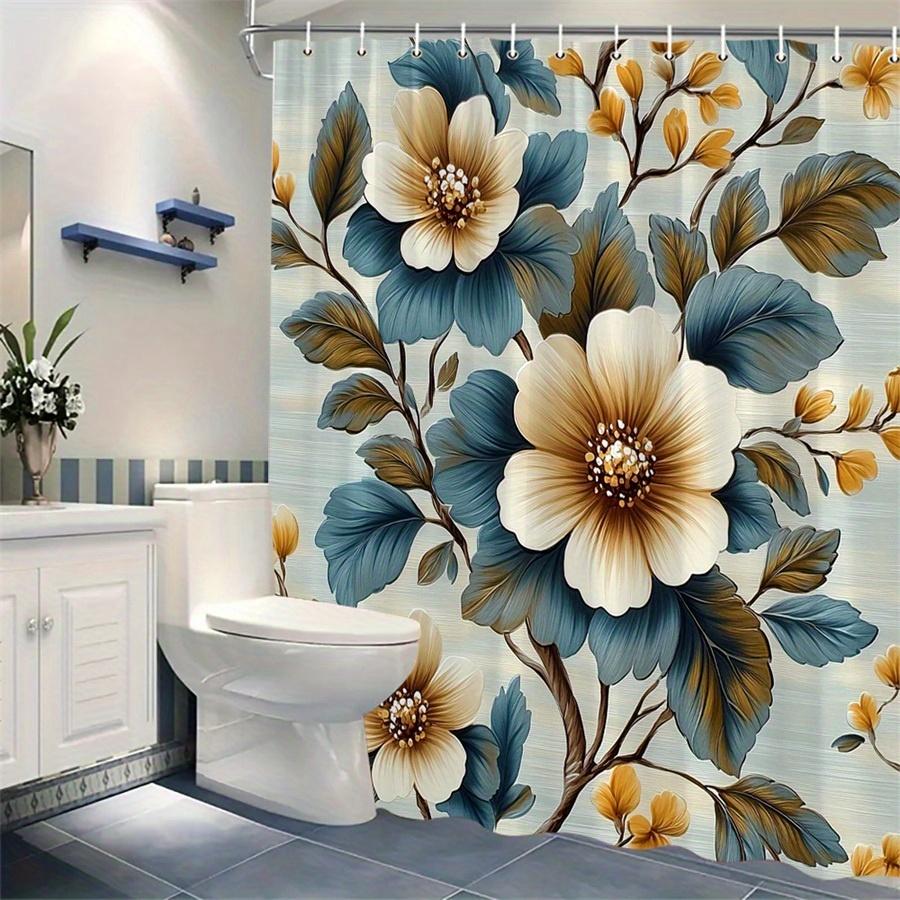 1Pc Floral Pattern Cream Color Flower Shower Curtain, Polyester Fabric, Machine Washable, Suitable For Bathroom Decoration