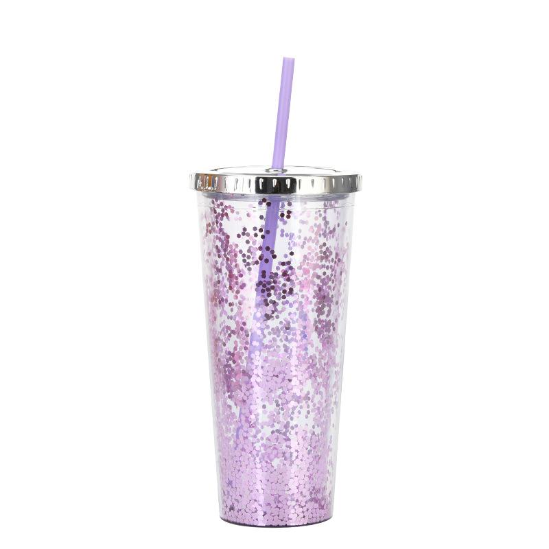 Taza de Plástico de Doble Capa de 24 oz con Purpurina Botella de Agua Portátil con Pajita Vasos Reutilizables de Plástico con Tapas Taza para Bebidas de Fiesta