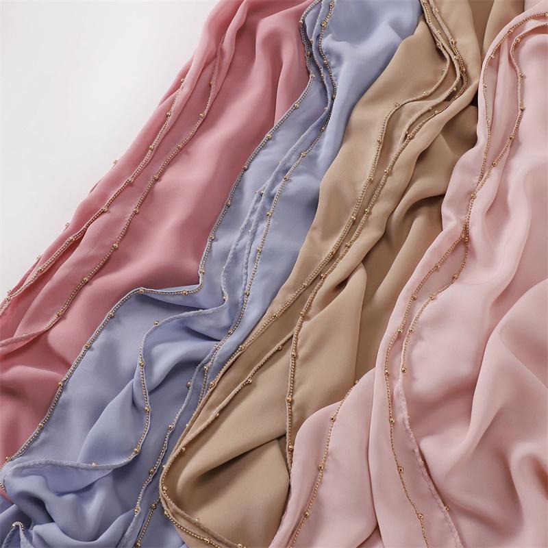 Gold Ball Bubble Chiffon Hijab Ramadan Solid Scarves Necklace Chain Shawls Women Sunscreen Headscarf Outdoor Windproof Head Wrap