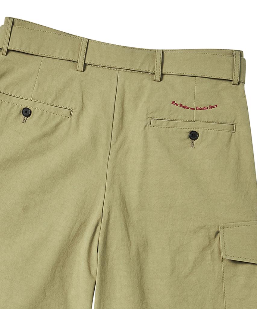BEYOND CLOSET [Collection Line] Belted Detail Washed Cotton Cargo Half Pants Khaki