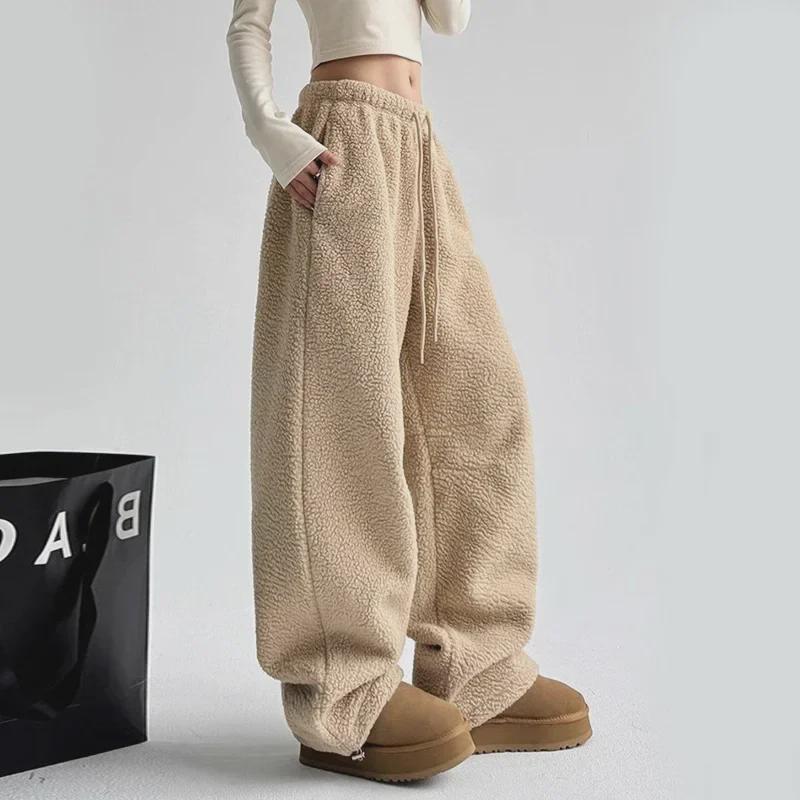 Damskie dwustronne pluszowe polarowe spodnie z szerokimi nogawkami – leniwe, stylowe, z wysokim stanem, ciepłe, luźne, wszechstronne spodnie zimowe.