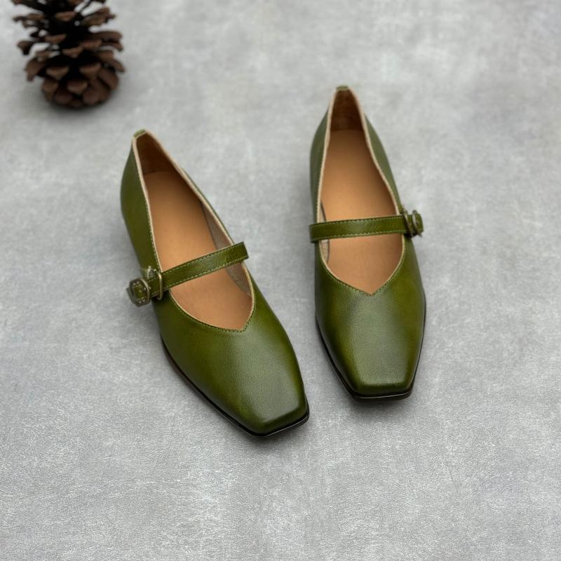 Johnature Echtes Leder Dicke Absätze Retro Damen Pumps Retro Eckige Zehenpartie Mary Jane Absatzschuhe
