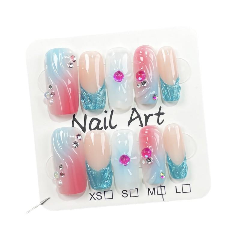 Handcrafted Press-On Nails With 3D Relief Design Gradient Color Block Sculpted Tips Medium-Long Square Shape Reusable Nail Art
