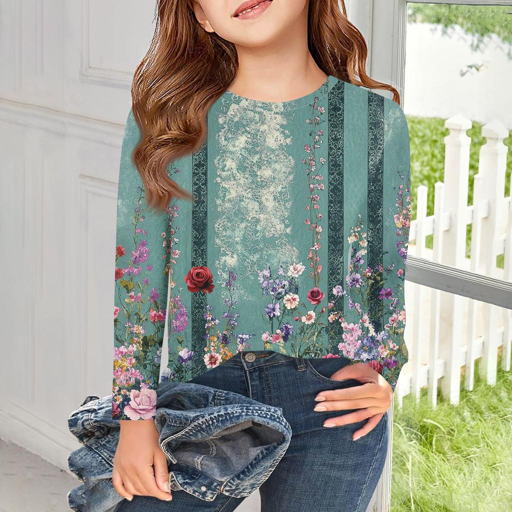 Футболки с длинным рукавом для девочек, детские осенние топы с круглым вырезом и принтом, базовые футболки для детей 5–14 лет