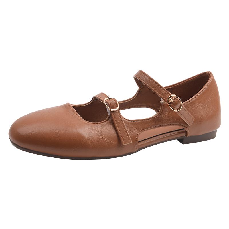 Fashion One Buckle Mary Jane Flat Single Shoes Women's Round Toe Shallow Mouth Metal Buckle Cutout Breathable Low Heel Shoes