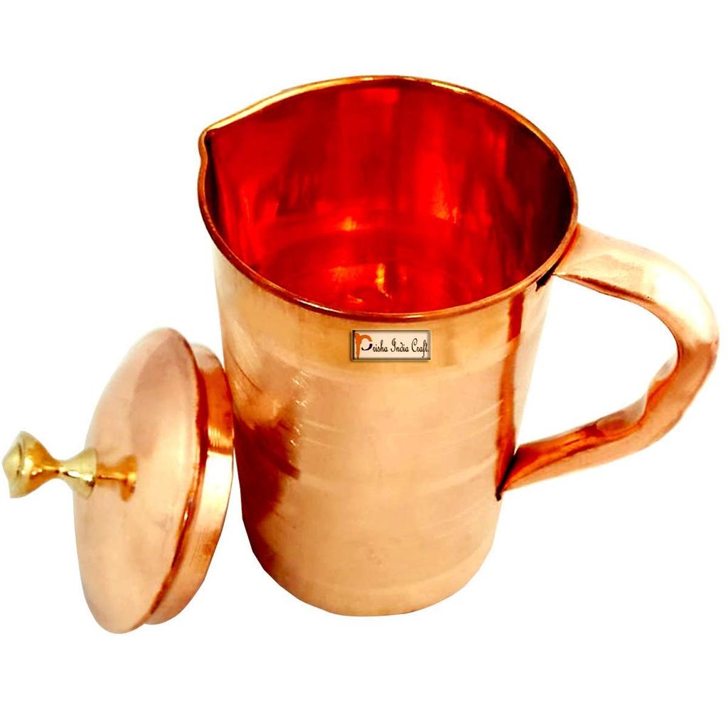 Prisha India Craft  Pure Copper Water Jug Drinkware Tableware Pitcher for Ayurveda Healing Capacity 1.6 L