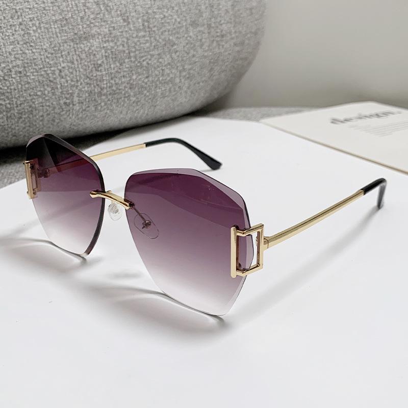 Rahmenlose Große Metall-Sonnenbrille für Damen: Europäischer & Amerikanischer Stil, Farbverlauf UV-Schutz, High-End, Schlankmachender Look