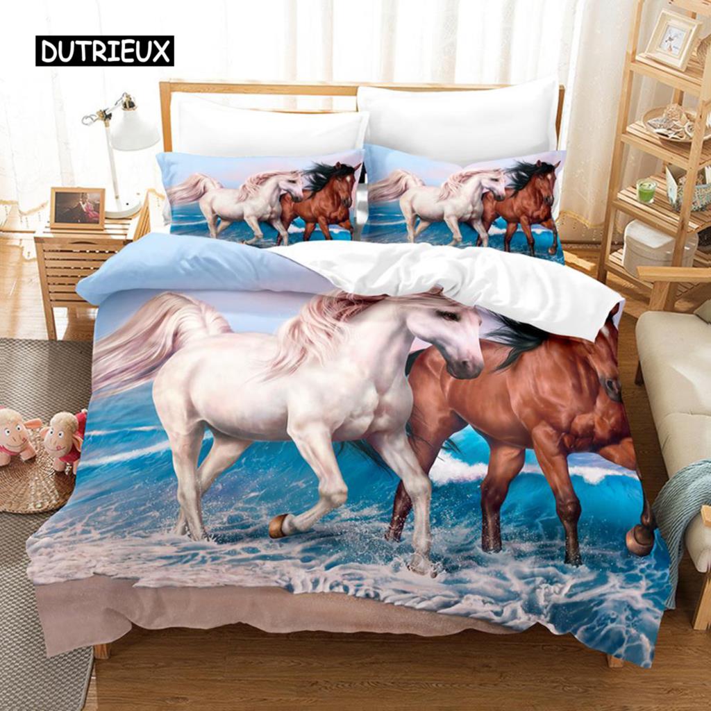Polyester Comfortable White Horse Pattern Duvet Cover Set With Duvet Cover And Pillowcases King Queen Twin Sizes For All Ages