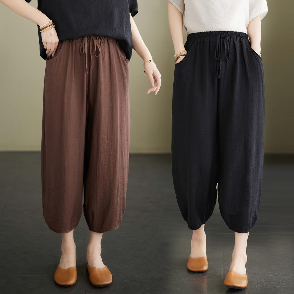 Women's Summer Ice Silk Cotton-Linen Casual Wide-Leg Lantern Seven-Point Pants Plus Size Loose Elegant Versatile