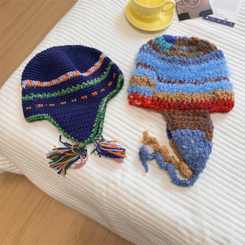Hand-spliced color ear protection wool hat female cute rainbow knitted warm strap parent-child Lei Feng hat