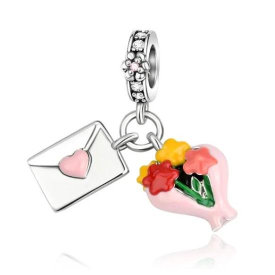 Charms Heart Beads Pink Dangle Charm Flower Pendant Diy Jewelry Fit Original Copper Bracelet Necklace Clip