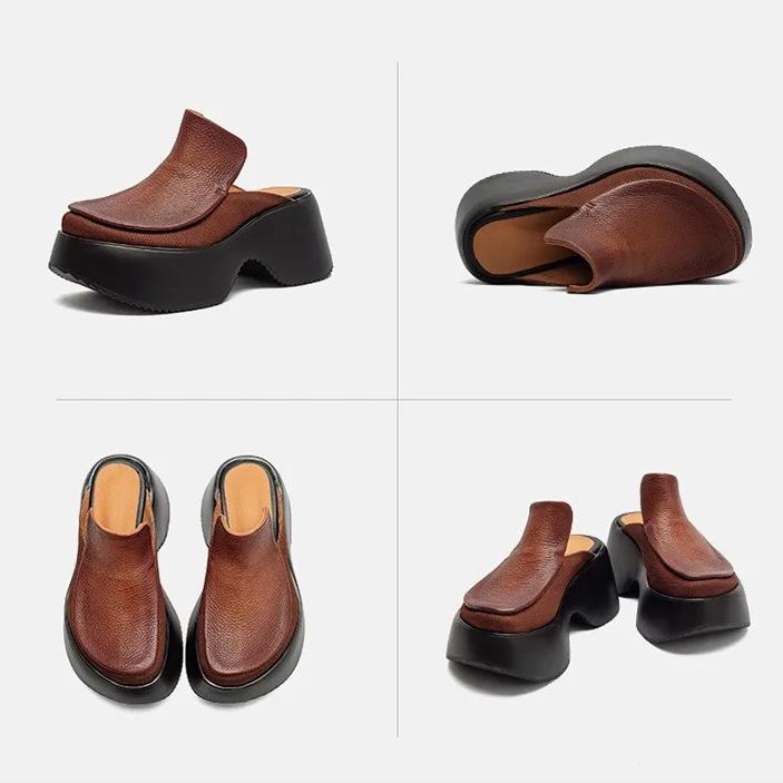 Johnature Height Increasing Outdoor Platform Slippers Genuine Leather Round Toe Thick Soled Women's Shoes