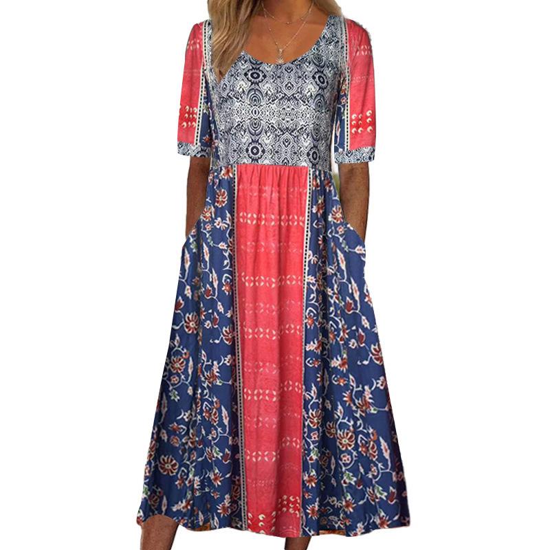 2024 Summer Bohemian Print Women's Maxi Dress with Round Neck and Short Sleeves