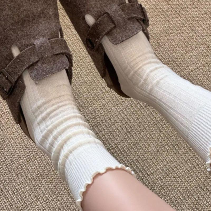 Black Ear-rimmed Women's Mid-calf Socks for Spring and Autumn, Coffee-colored Retro Pile Socks for Autumn and Winter, Pure Cotton Versatile and Trendy