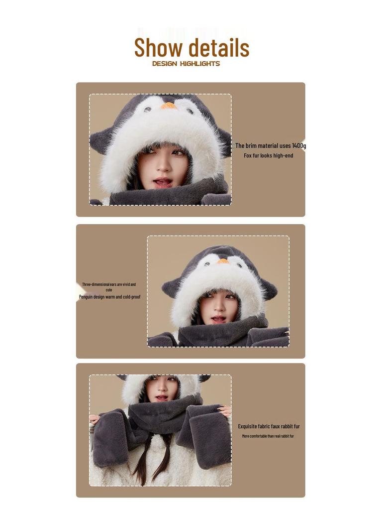 Penguin Ear Protection Hat, Scarf & Neck Warmer Women's 3-Piece Winter Set