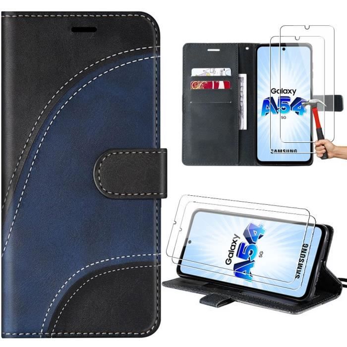 Coque pour Samsung Galaxy A54 5G, Noir, Cuir PU avec Fentes pour Cartes et Support, Motif Isométrique + 2 Verres Trempés