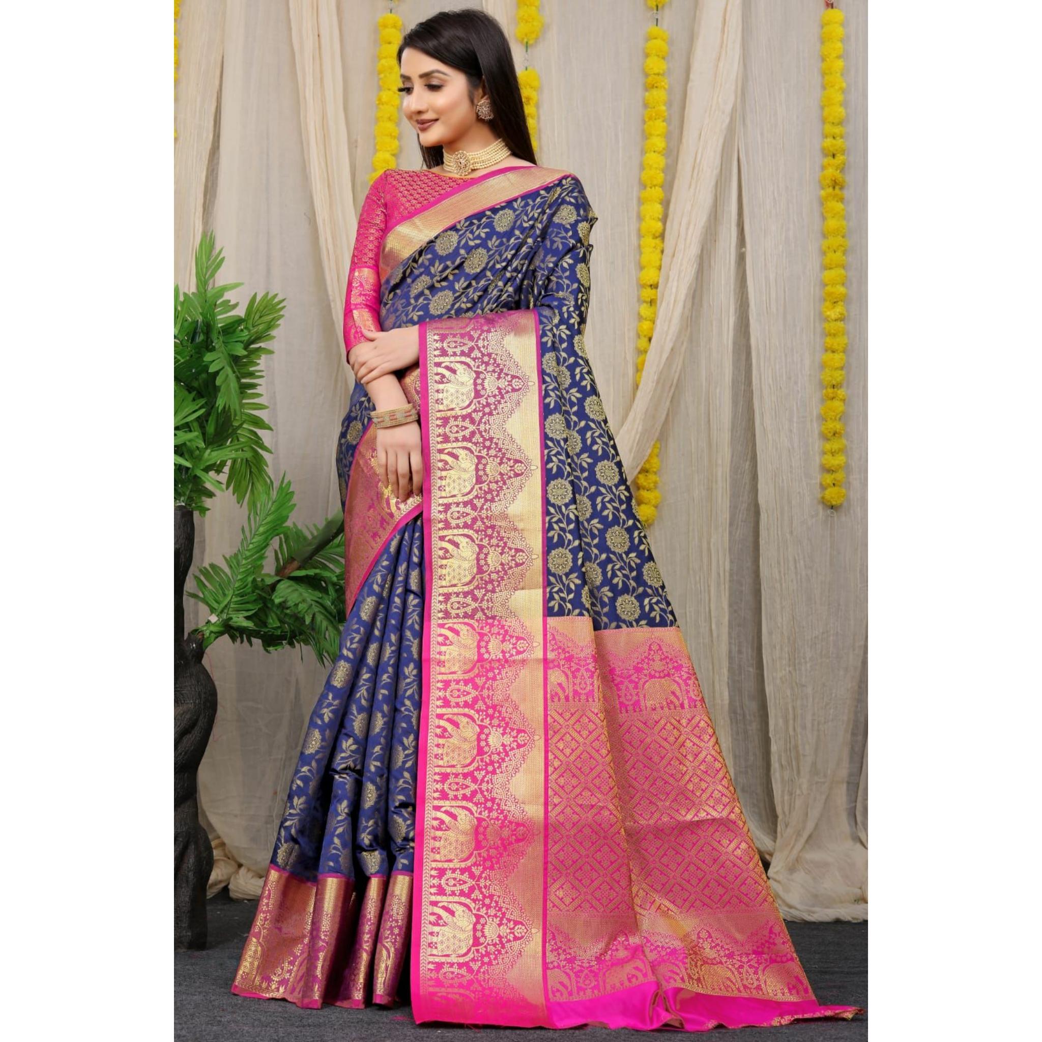 

Индийское традиционное мягкое шелковое сари личи с жаккардовым плетением