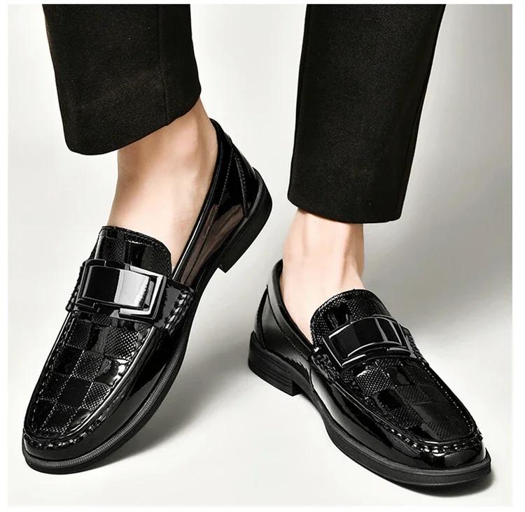 European Men Genuine Leather Dress Shoes Plaid Print Casual Business Shoes Fashion Slip-on Loafers