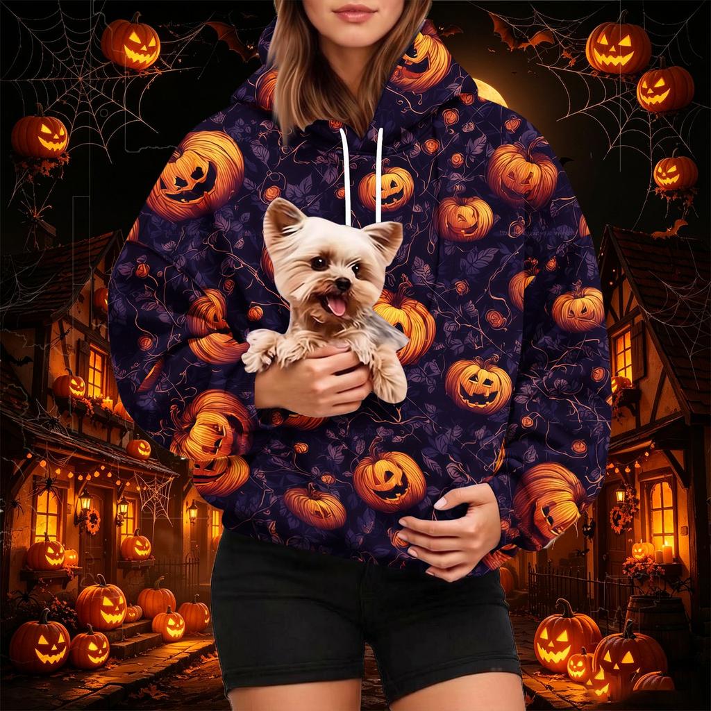 Dámská módní mikina s kapucí a potiskem na Halloween s kapsou na mazlíčka, ležérní mikina