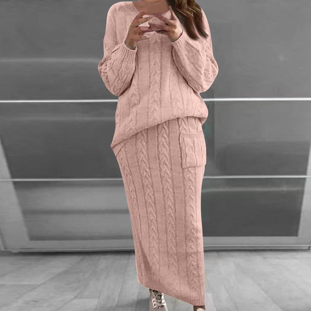 Women Autumn Winter Twist Crop Sweater Hip Skirt Knit Set for Laides Solid Color Slim All Match Two Piece Set